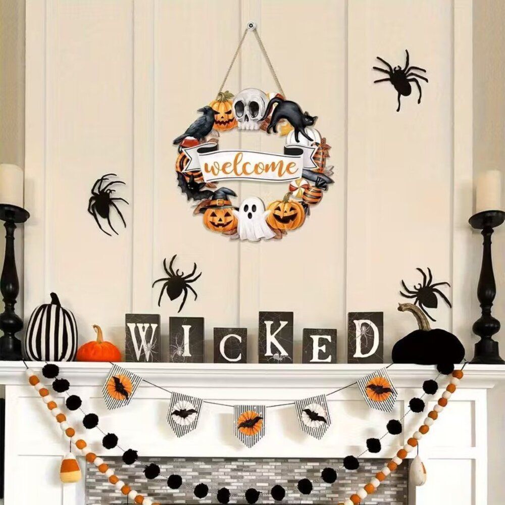 2d Halloween Gothic Spooky Wooden Welcome Wreath Rustic Porch Decor